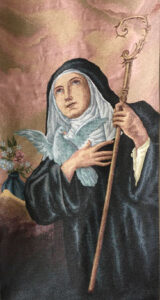 image of St. Scholastica from monastery chapel tapestry